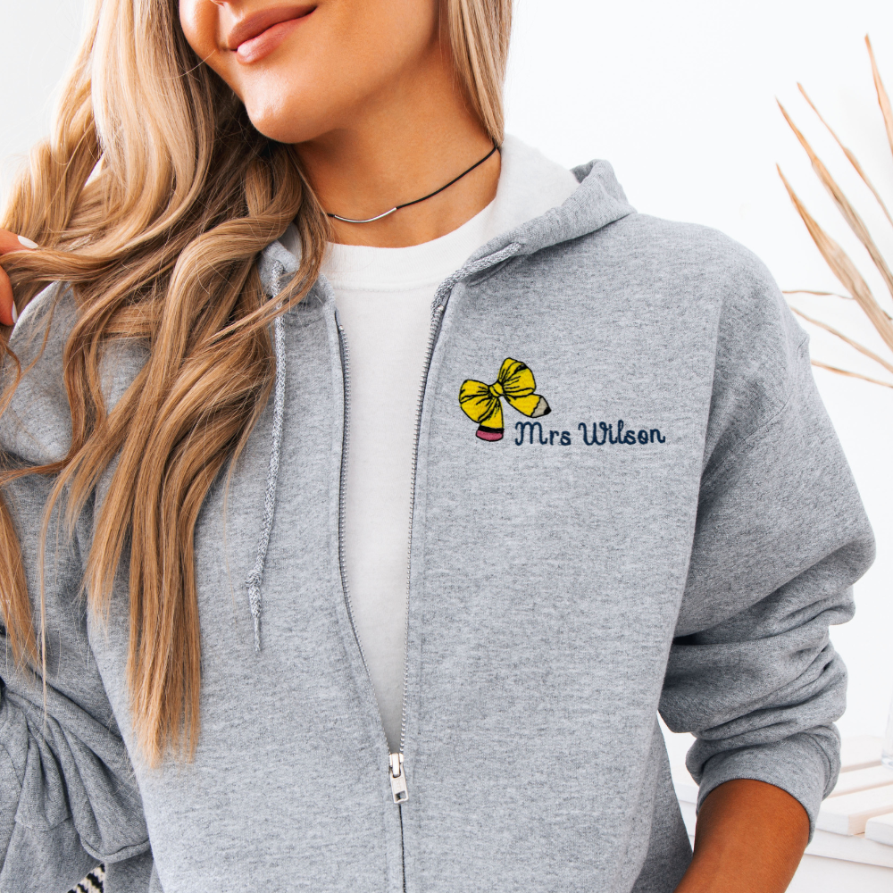 Pencil Bow Zip-Up Hoodie – Teacher Edition